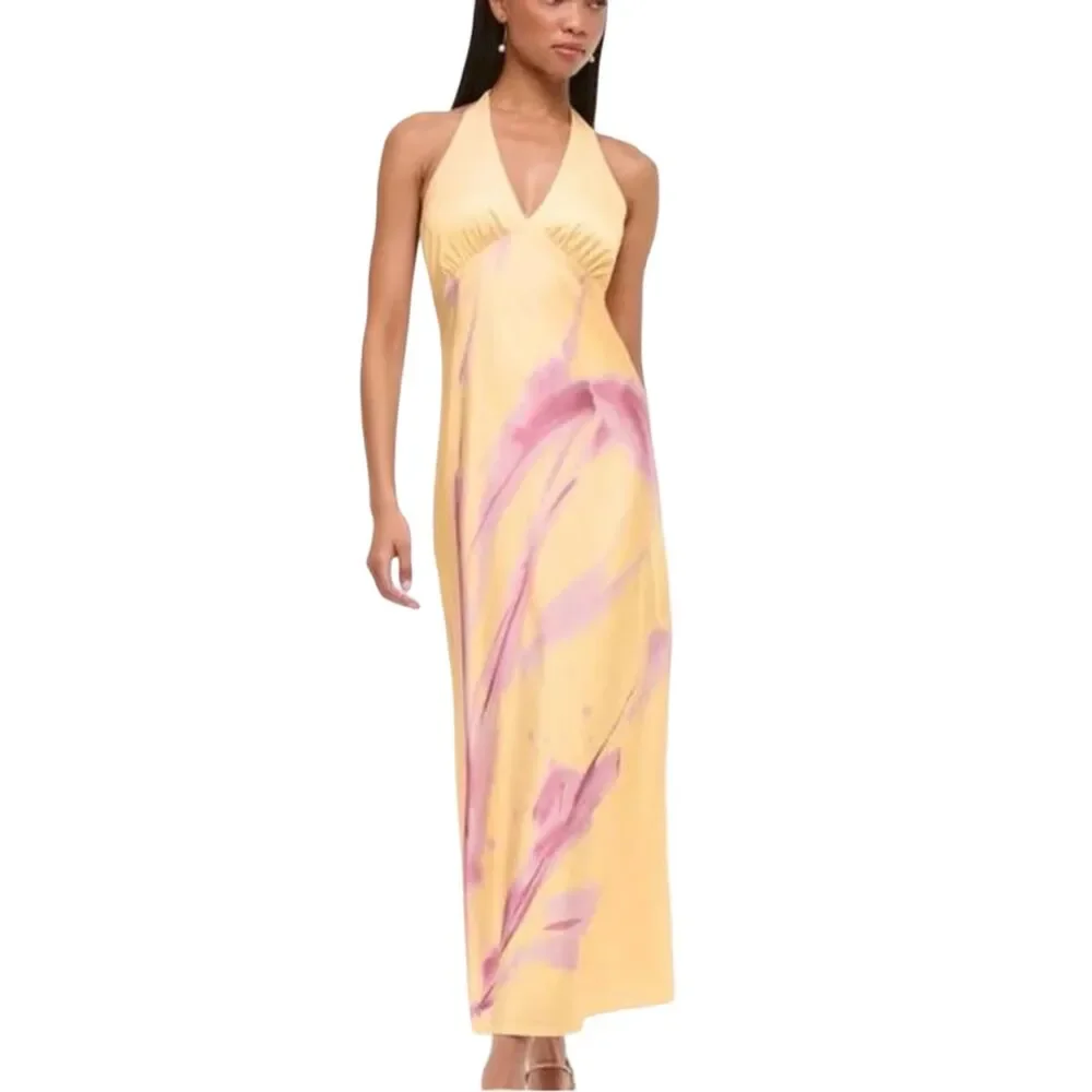 Abercrombie A&F Julia Slip Halter Maxi Dress Yellow Pink Floral NWOT Sz M Petite